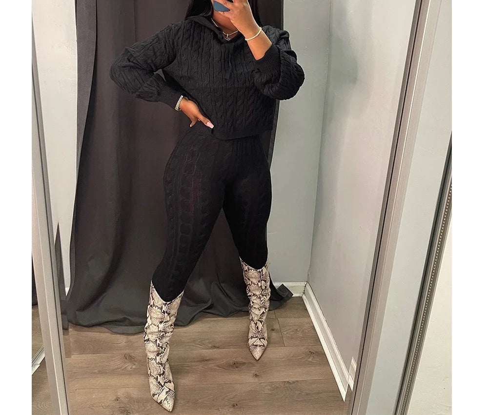 2 Piece Fashion Long Sleeve Cable Knit Hooded Sweater & Pants Suit.