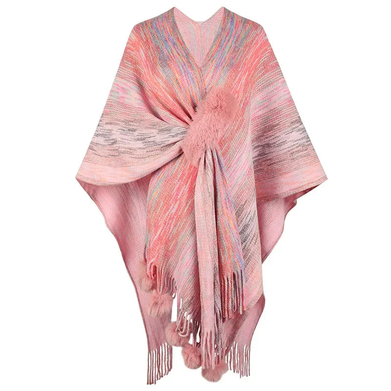 Shawl Women Full Sleeve Tassel Elegant Splice Open Stitch Poncho. (One Size)