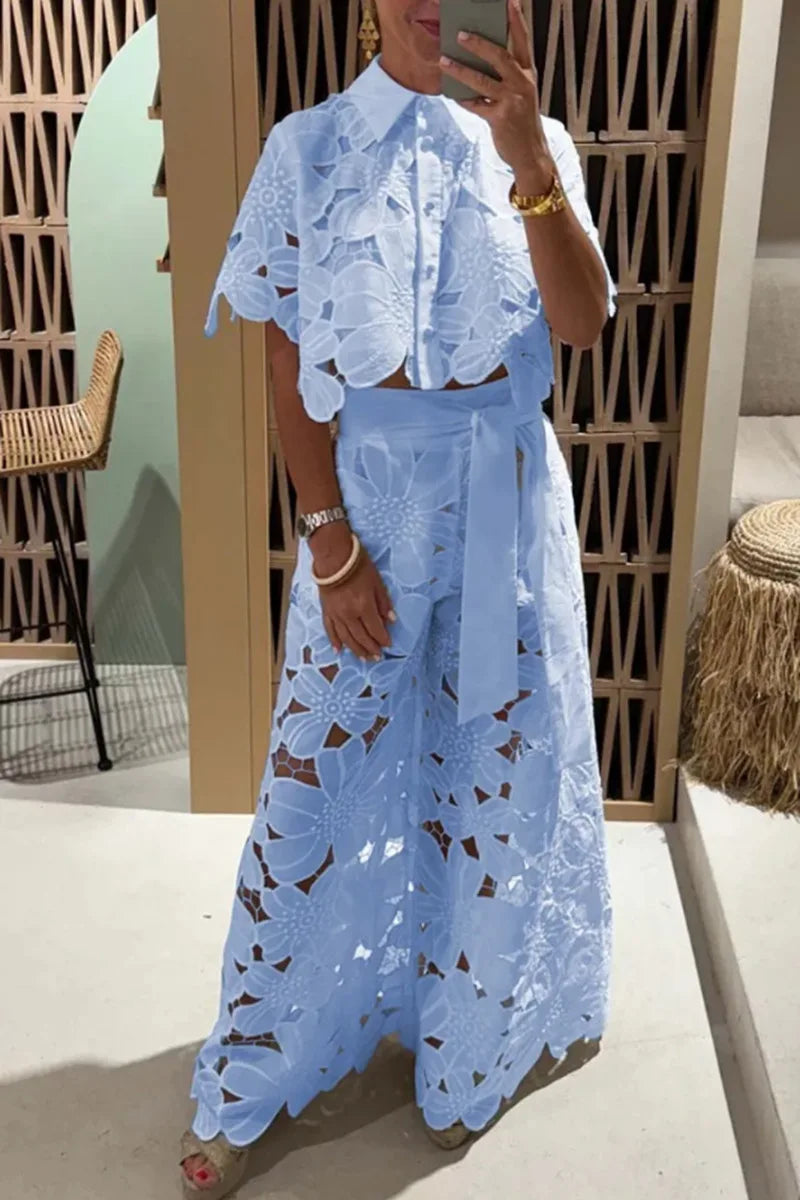 Sexy Lapel Single-breasted Shirt Top + Wide-leg Pants 2-piece Set Women. S-3x