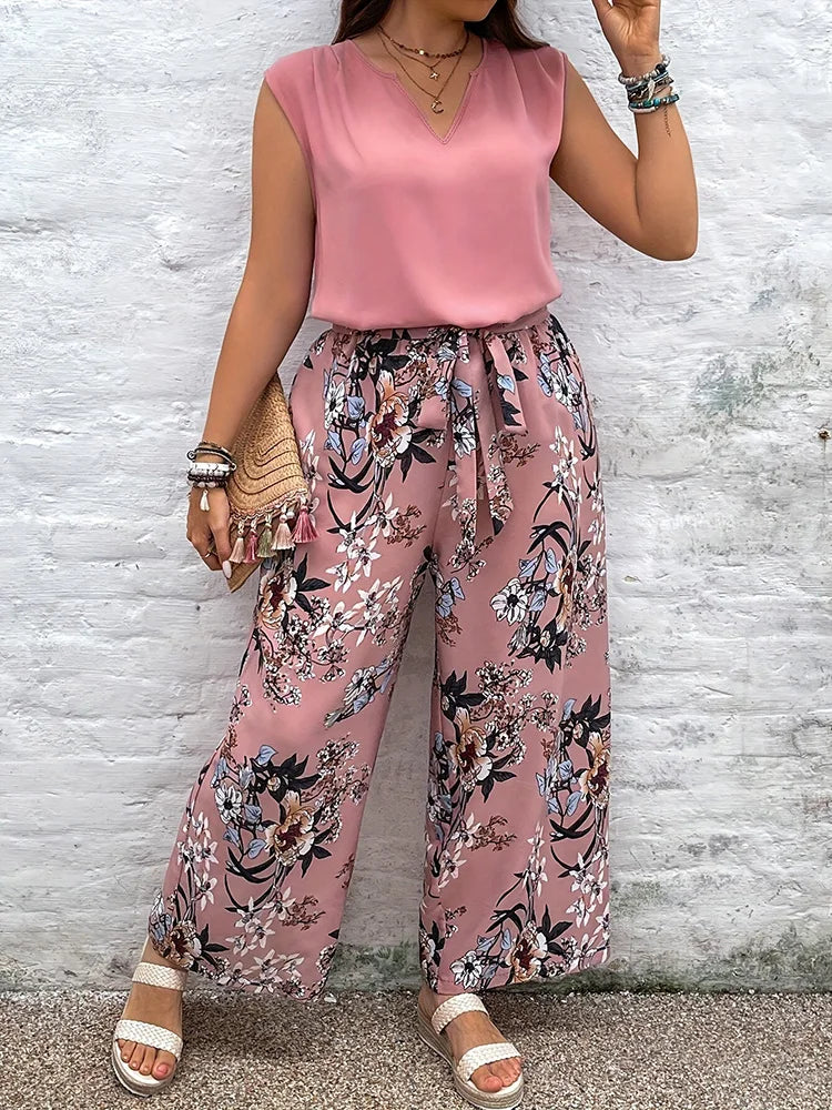 Plus Size Pants Set Woman Casual V-Neck Sleeveless Top Floral Print Tie Front Elastic Waist Trousers.