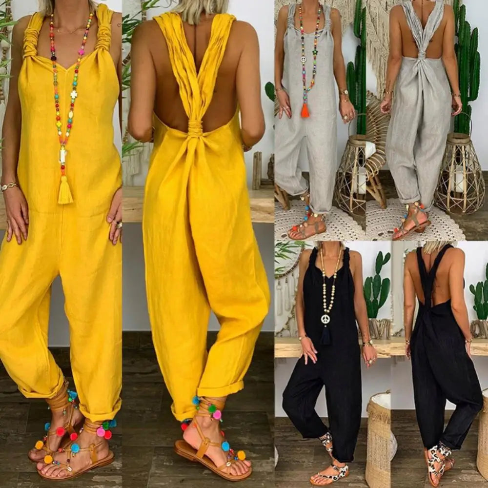 Women Casual Backless Solid Colour Sleeveless Jumpsuit. S-5x