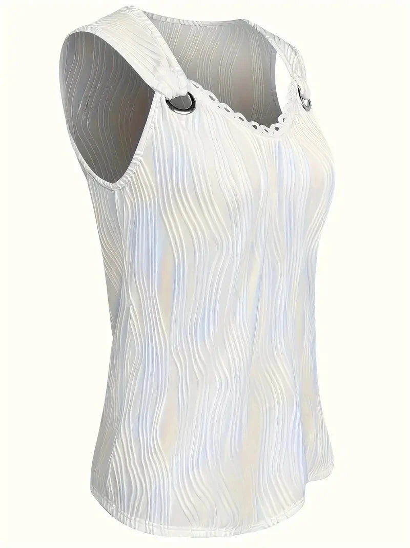 Plus Size Elegant V Neck Sleeveless Tank Top - Soft Slight Stretch Polyester Fabric, Ring Details,Solid Colour.