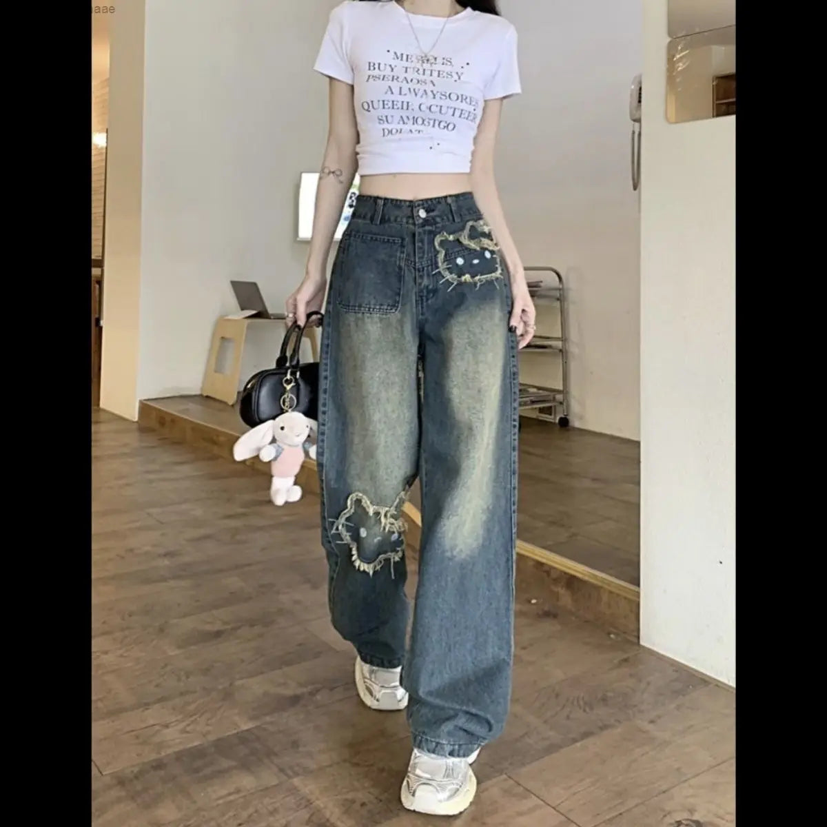 Ladies Hello Kitty Korean Version Street wear Jeans Vintage Blue Loose Cut. Sz S-2X