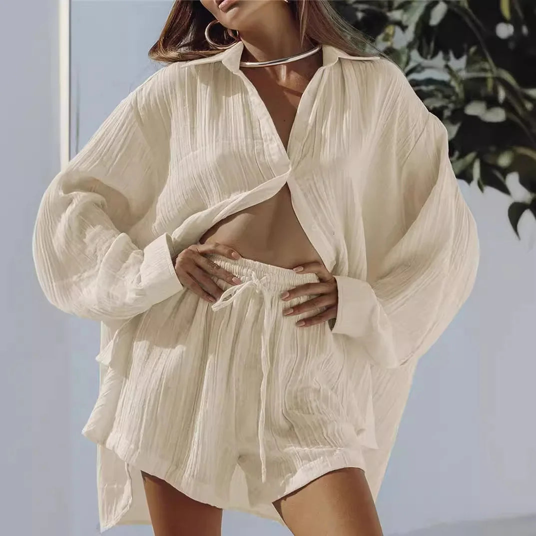 Ladies Shirt And Short Two Piece Set, Fashion Solid Long Sleeve Shirt Casual Loose Shorts. S-2x
