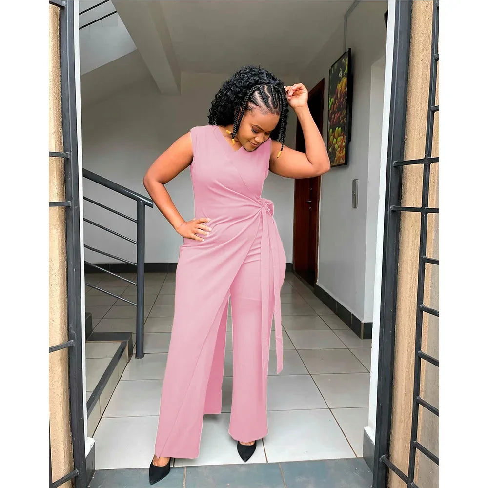 Women's Jumpsuit Summer Fashion Tied Detail V-Neck Casual Plain Sleeveless Asymmetrical Long Jumpsuit . S-2x