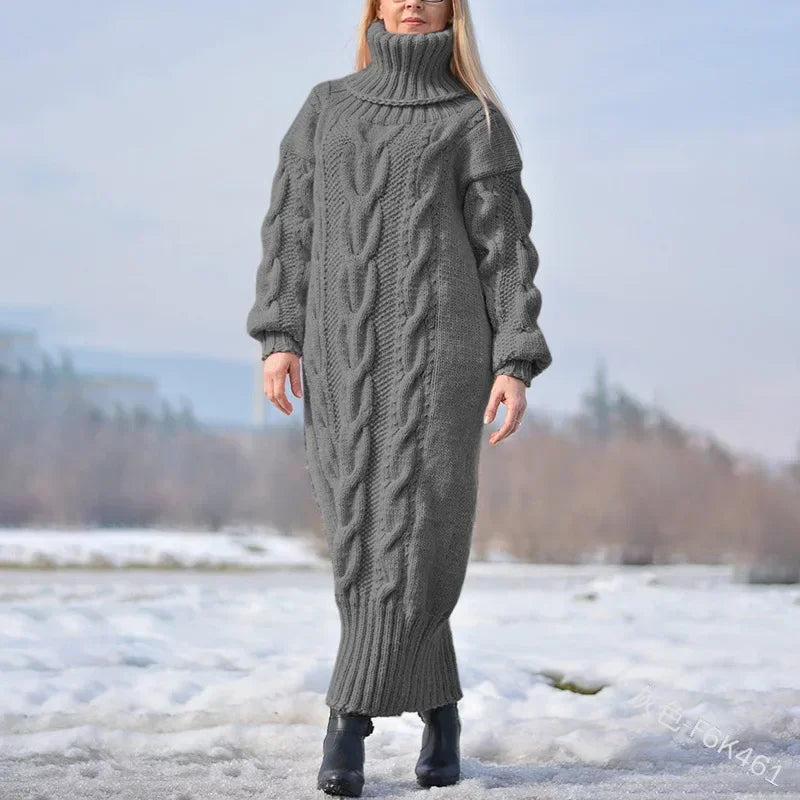2025 Autumn Winter Solid Colour Turtleneck Pullover Twisted Loose Knitted Sweater Long Sweater Dress for Women. S-5X