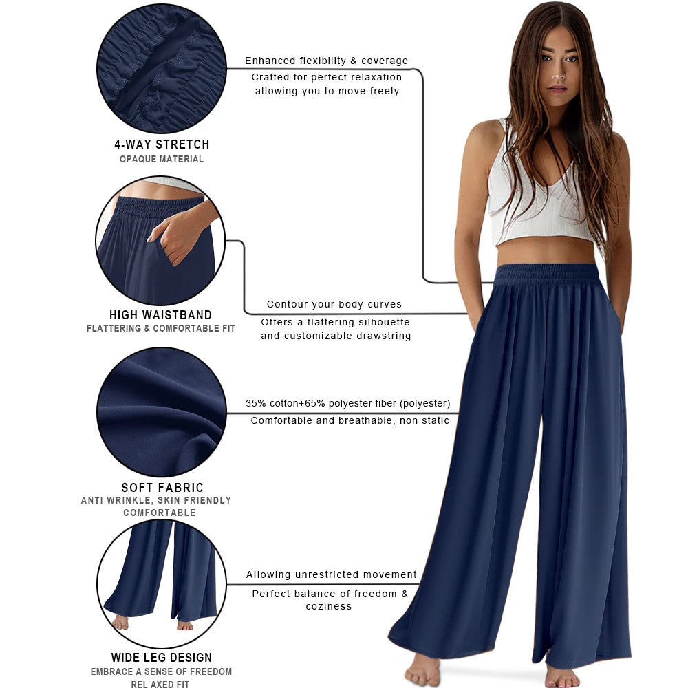 Spring Summer Ladies Elastic High Waist Wide Leg Pants Casual Loose For Comfortable Casual Wear. Size S-5X