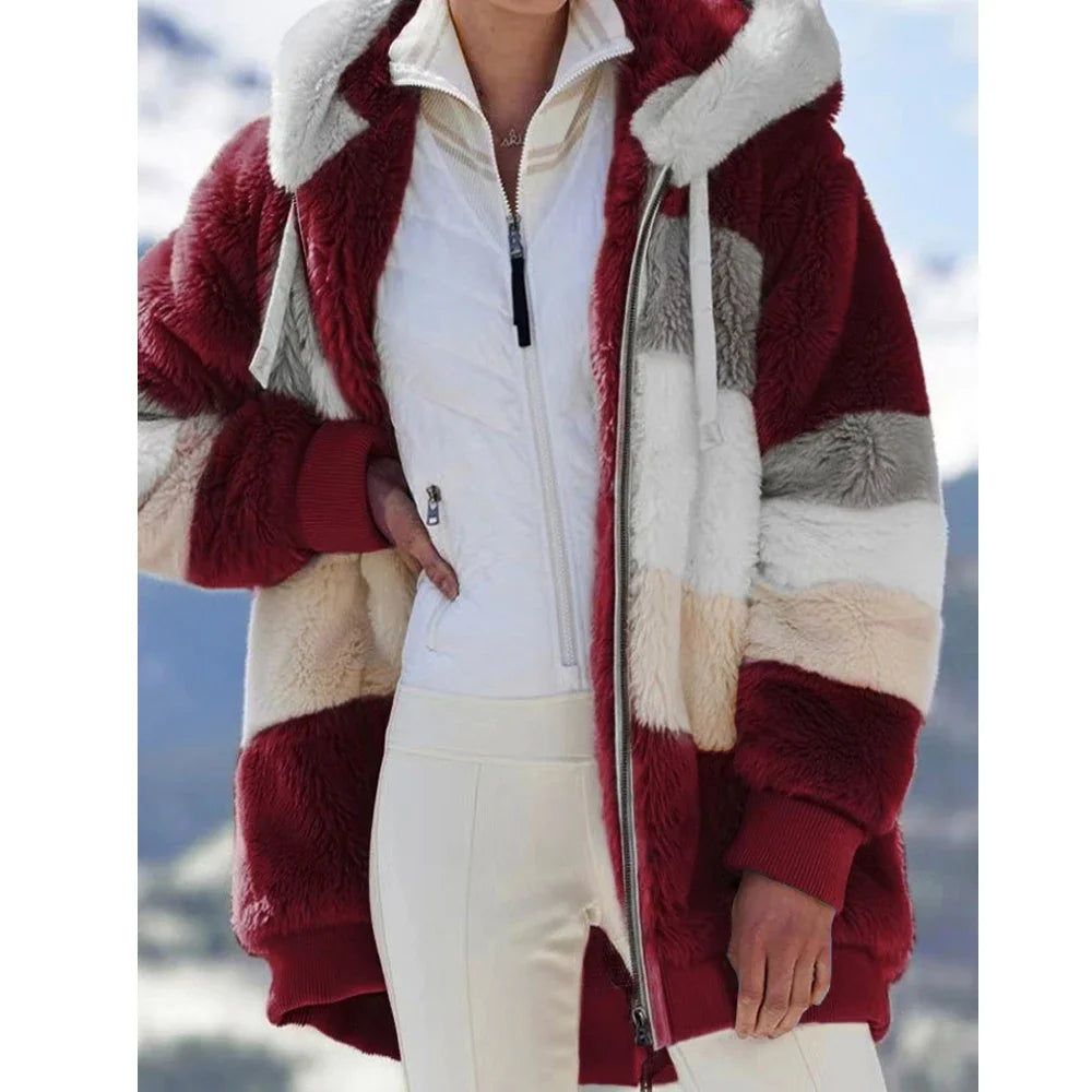 Fashionable Women's Hooded Zipper Spliced Thick Cashmere Plaid Jacket. Sz S-5XL