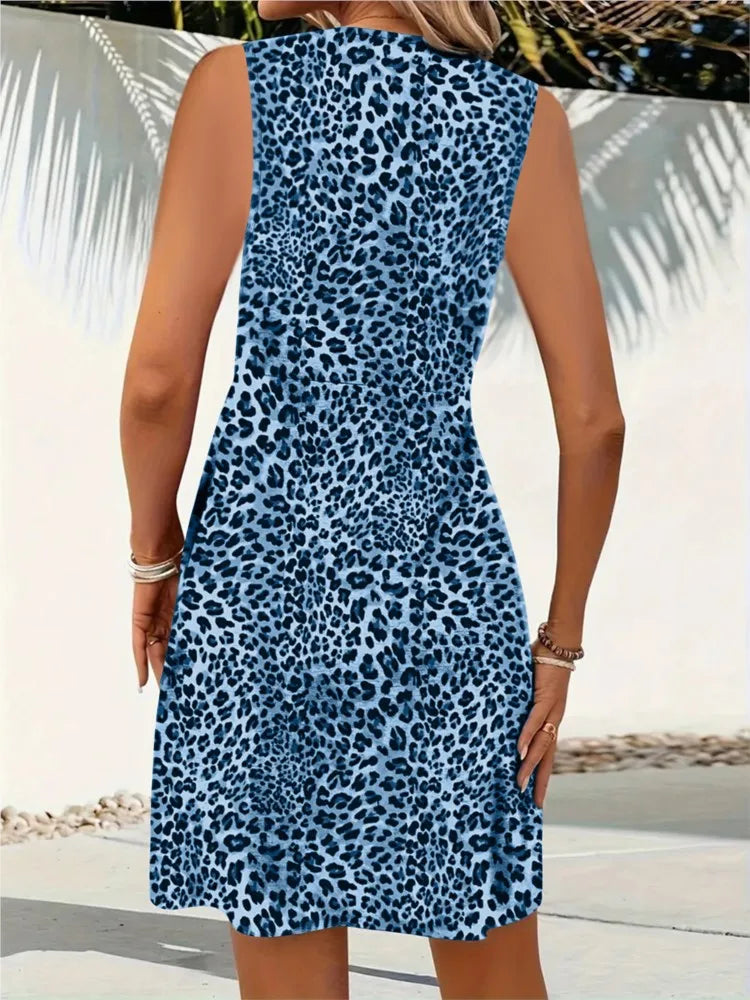 Summer Style Leopard Print Dress Women Fashion Vacation Elegant Vintage V-neck Sleeveless Party Dress. Vestidos . S-2X