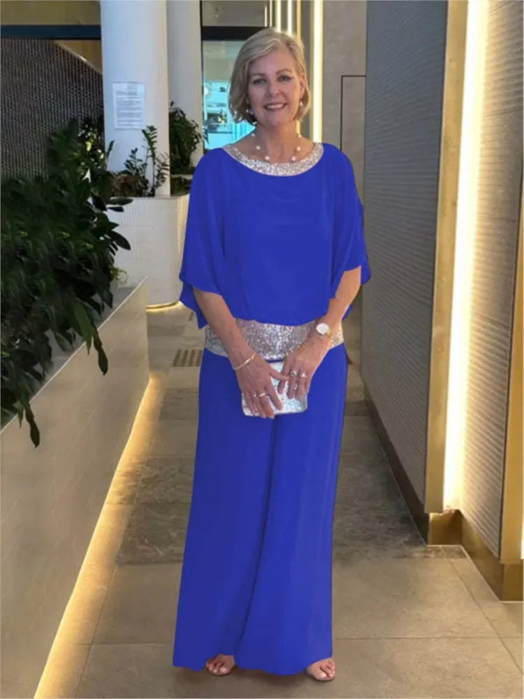 Fashion Sequin Splicing Chiffon Bat Wing Short Sleeved Blouse Wide Leg Pants Elegant 2 Piece Set. S-3xL