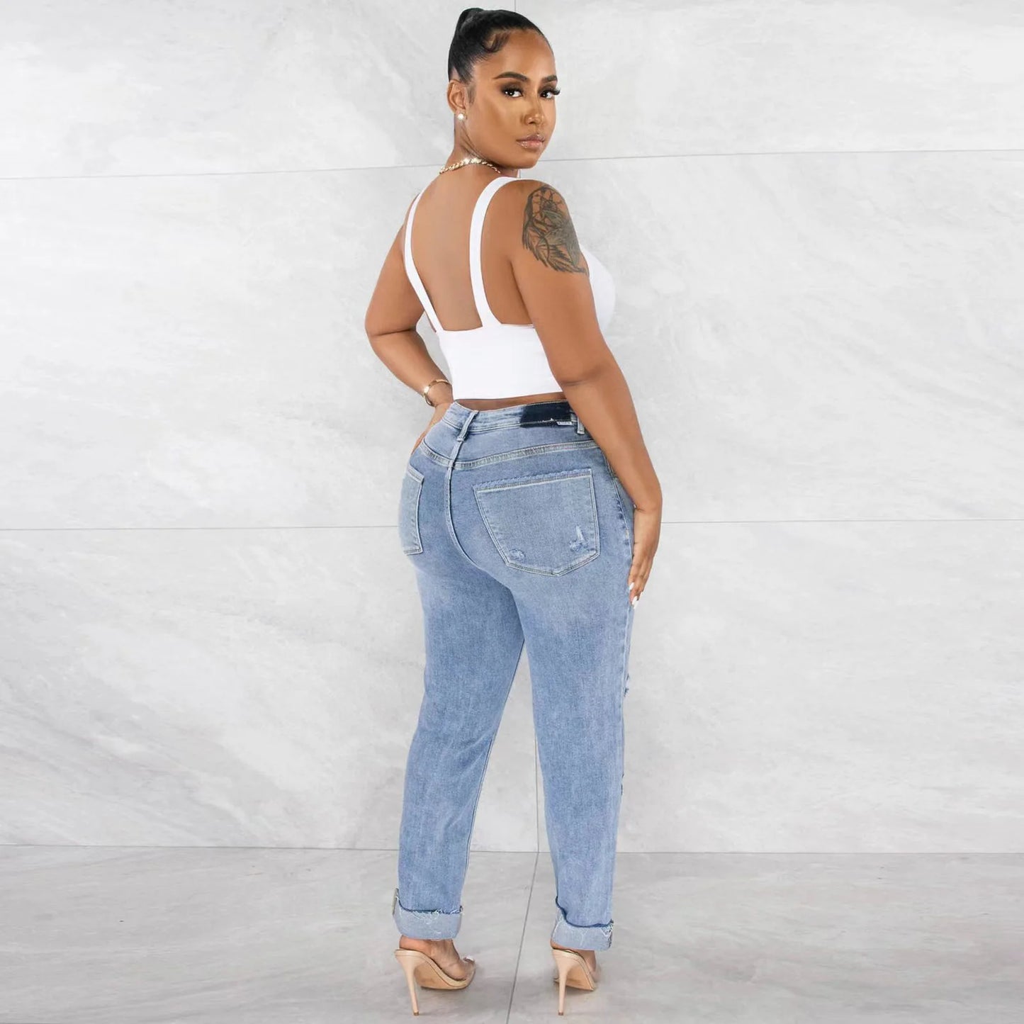 Women Denim Slim Fit Pockets Zipper Fly High Street Solid Slight Stretch Jeans. S-2X