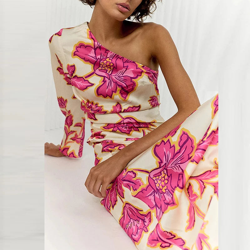 Fashion Floral Printed Holiday /Party Dress 2025 Women Elegant Long Dress Sexy One Shoulder Dress. Vestidos S-XL