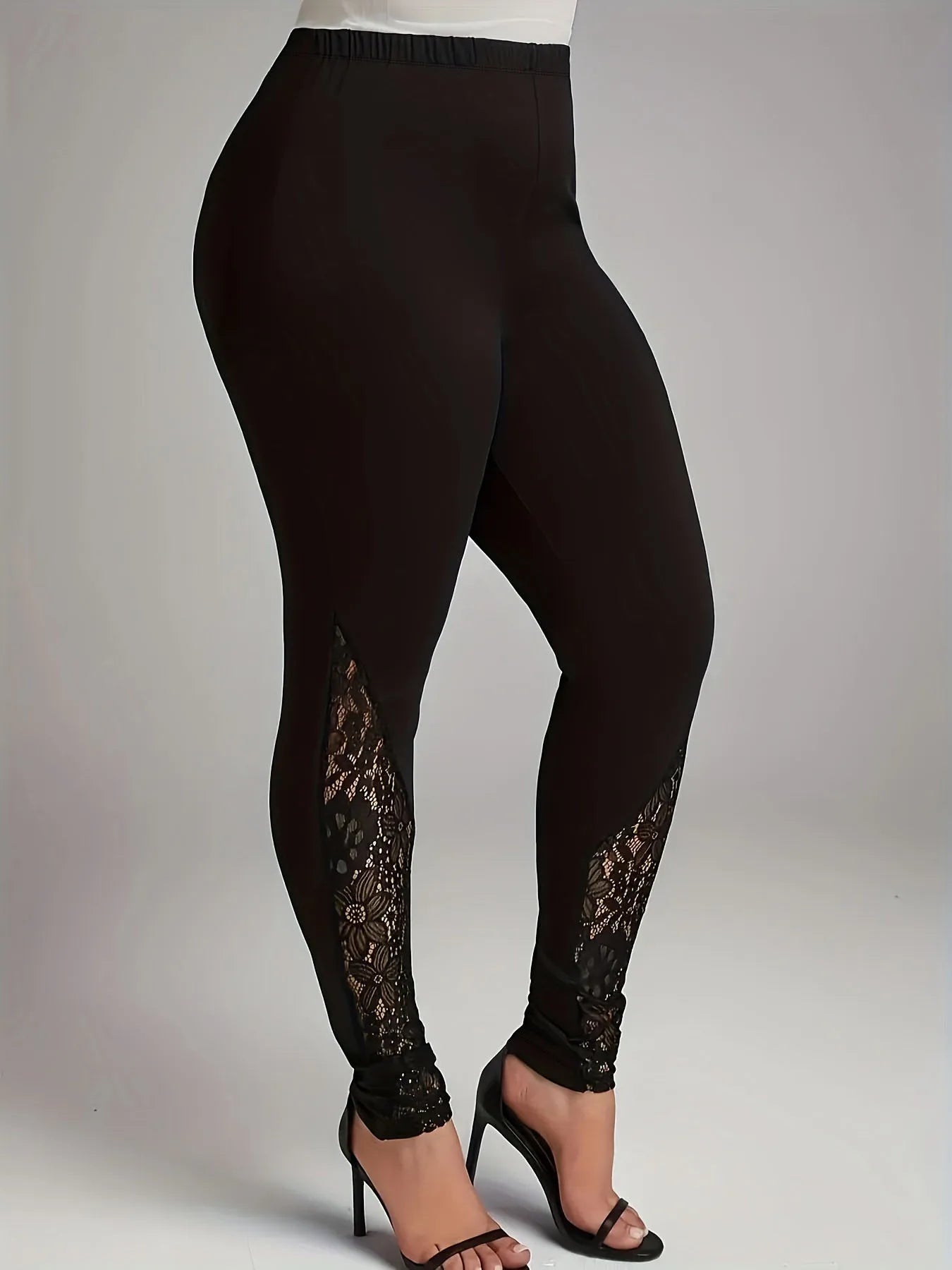 Plus size Women's leggings with lace patchwork and contrasting hollow out design, slim fit and slimming pants. L-8x