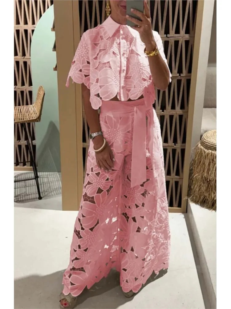 Sexy Lapel Single-breasted Shirt Top + Wide-leg Pants 2-piece Set Women. S-3x