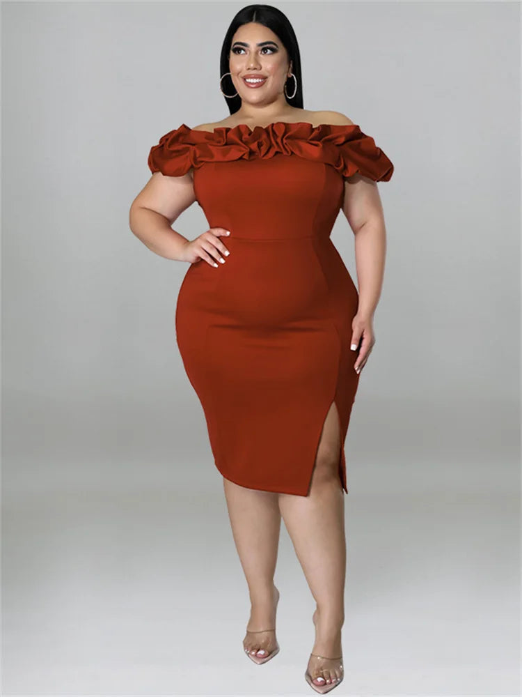 Plus Size Party Dress Ruffles Off Shoulder Solid Bodycon Elegant Midi Summer Dress