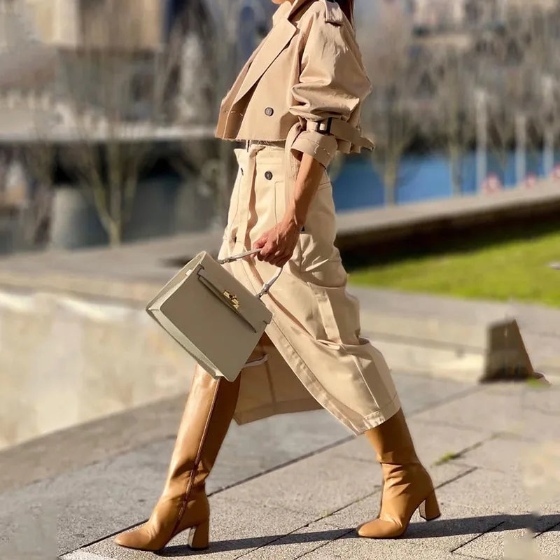 Women's Two-Piece Long-Sleeved Cardigan Turn-down Collar, High Waist Split Skirt Slim Fit. S-xxL
