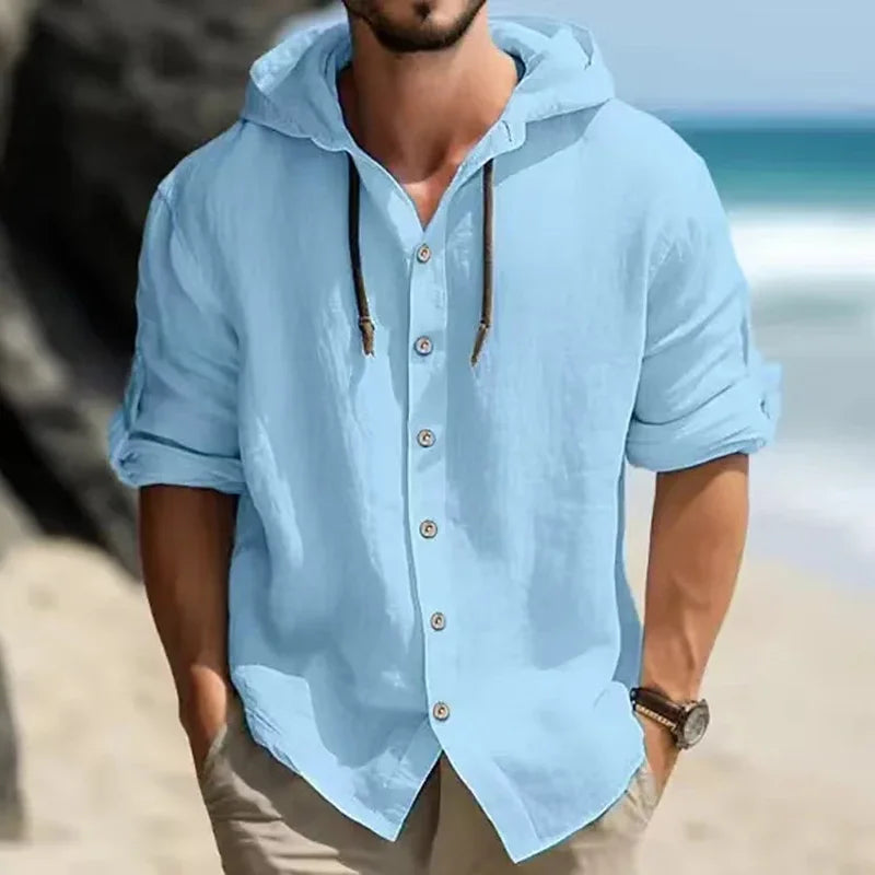 Summer Men's Linen Shirt Solid Street wear Long Sleeve Hoodie Cardigan Button Casual top