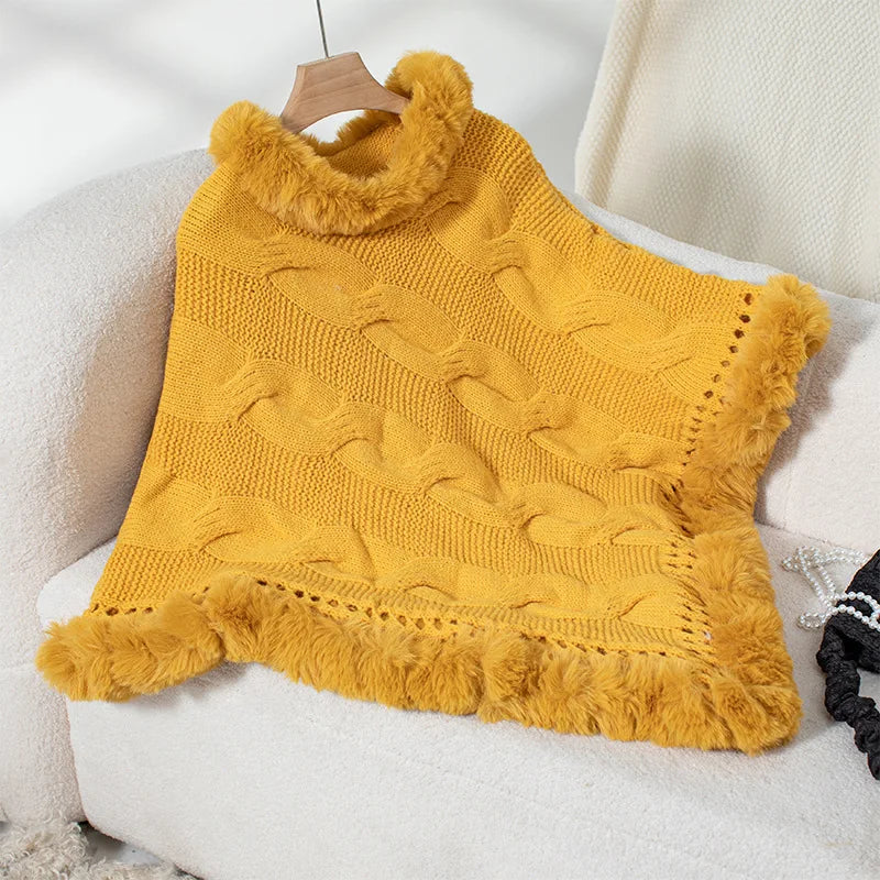 Women Sweater Pullover Fur Collar Cloak Twist Knitted Thick Elegant Splice Autumn Winter Irregularity Poncho