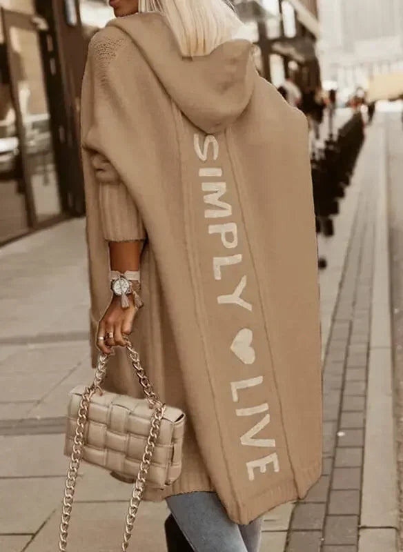 Ladies Hooded Long Cardigan Long Sleeve Autumn Winter Letter Printed Loose Fit. S-2x