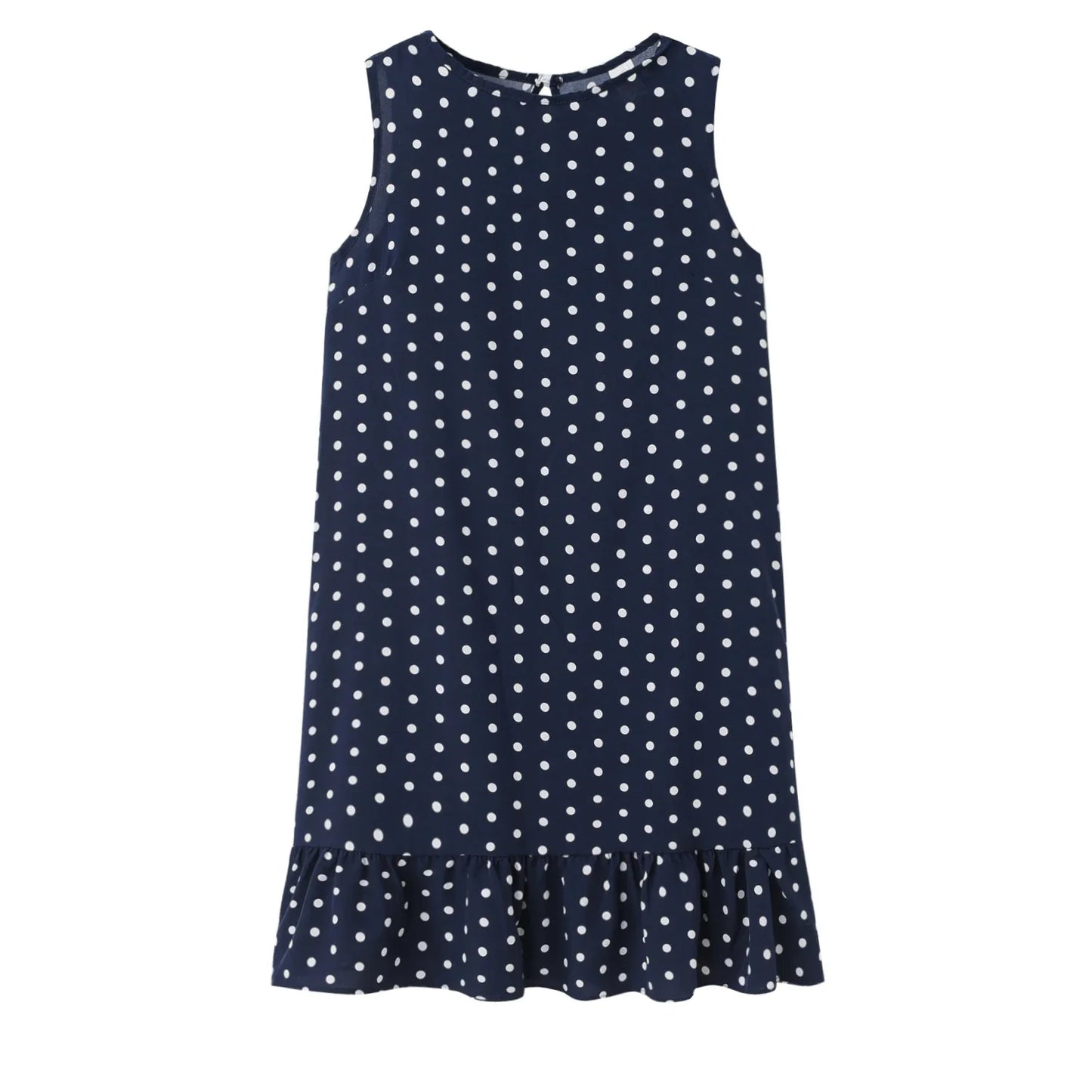 Ruffled Polka Dot Dress Sleeveless, Round Neck, Loose Hem, S-2X