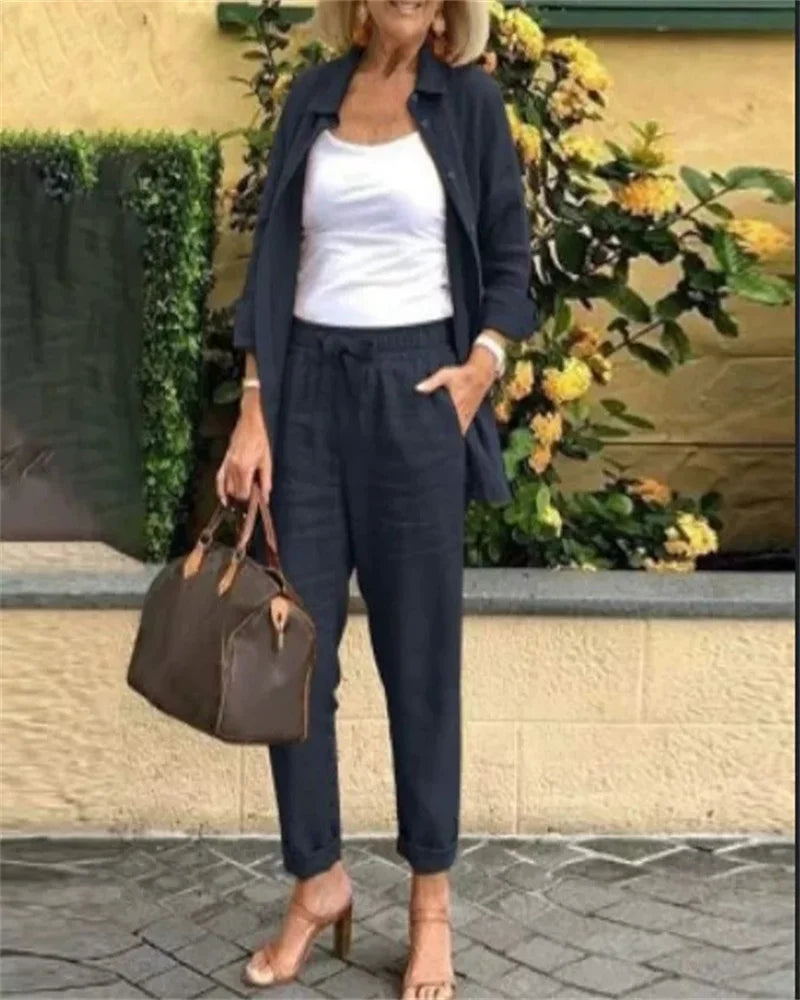 Plus-size women's casual fashion solid color button long-sleeved Shirt/Cardigan cotton linen 2 piece