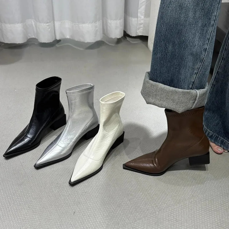 Autumn Women Ankle Boot Pointed Toe Square Low Heel Casual Footwear.