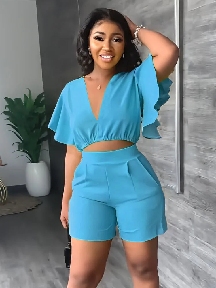 Summer V Neck Short Top And Shorts Set Set, Solid Colour Fashion Short Sleeved Casual Set. S-2x