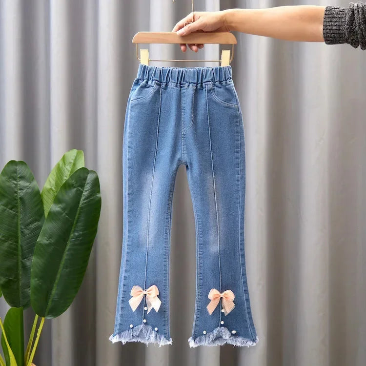 2024 Baby Girls Cowboy Pants Spring Autumn Girl Casual Denim Trousers Children Clothing Kids Stretch Flared Pants for 4-10 Years