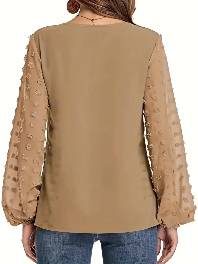 Plus Size 1XL-5XL Women's Polka Dot Sleeved Long Sleeved Casual V-neck Solid Colour Sleeves Semi Transparent Shirt