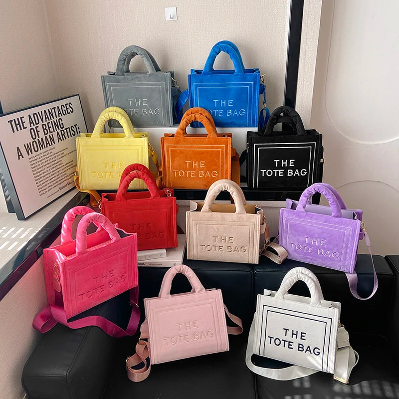 Women's Velour Tote Original Letter Print Square Stylish Soft Shoulder Bag