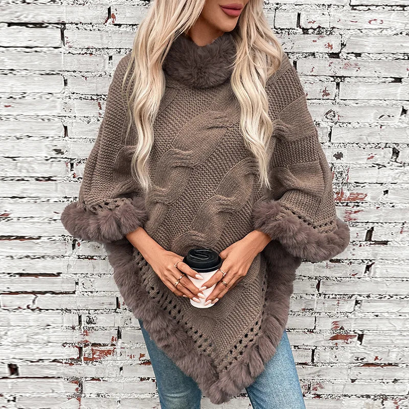 Women Sweater Pullover Fur Collar Cloak Twist Knitted Thick Elegant Splice Autumn Winter Irregularity Poncho
