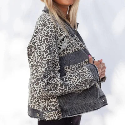 New Outerwear Denim Clothing For Women Casual Jacquard Denim Jacket Spring Leopard Print Loose Fit Jean Jacket. S-3X