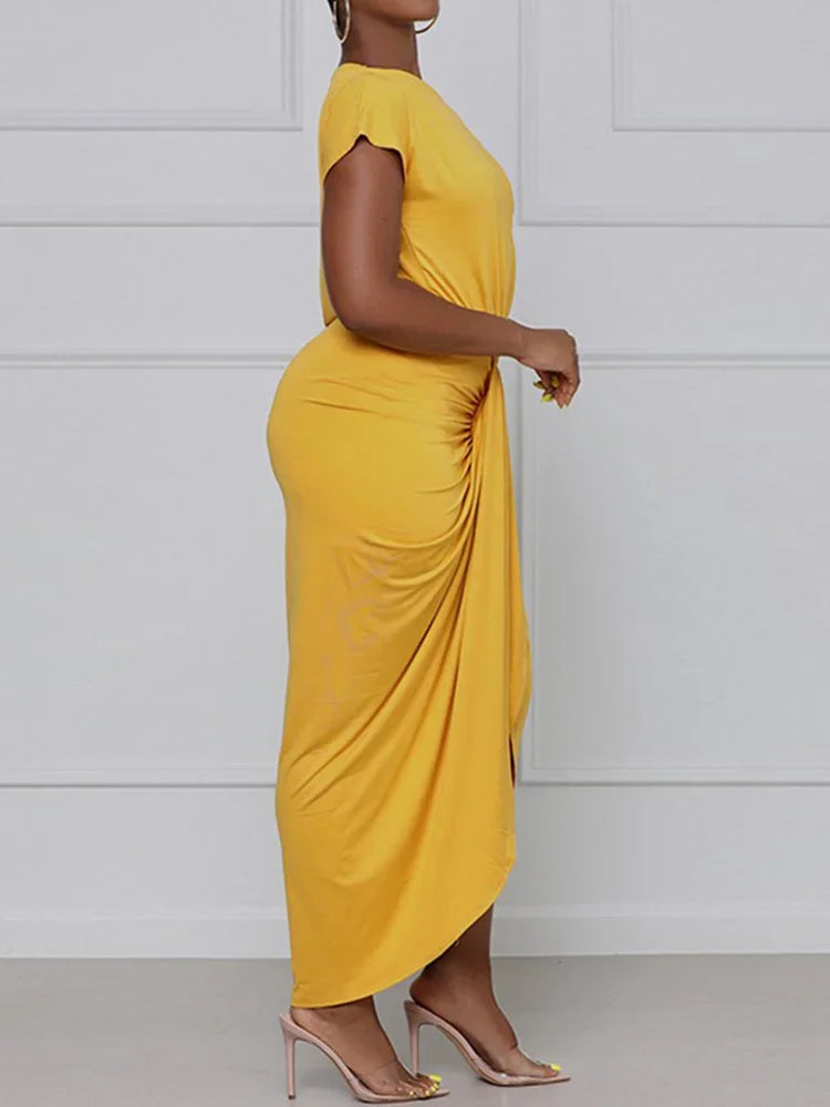 Plain Sexy Skew Neck Sheath Draped Maxi Dress Short Sleeve Party Dress. S-2X