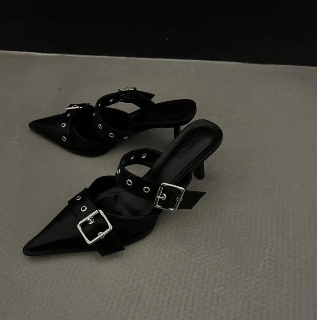 Metal Buckle High Heel Sandals Pointed Toe Thin Heels Sandals.