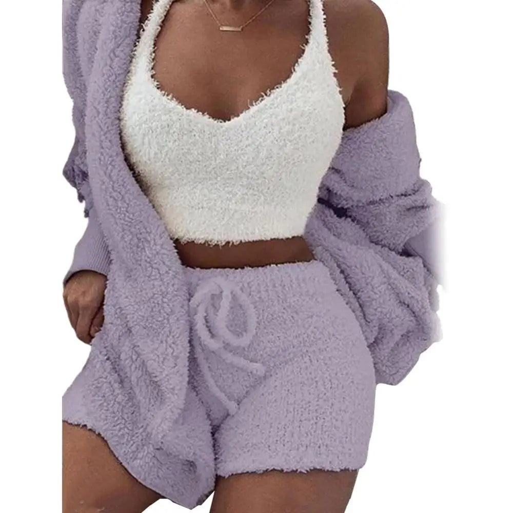 3 Piece Fluffy Outfit Plush Sexy Backless Fleece Pyjamas/Lounge wear Set