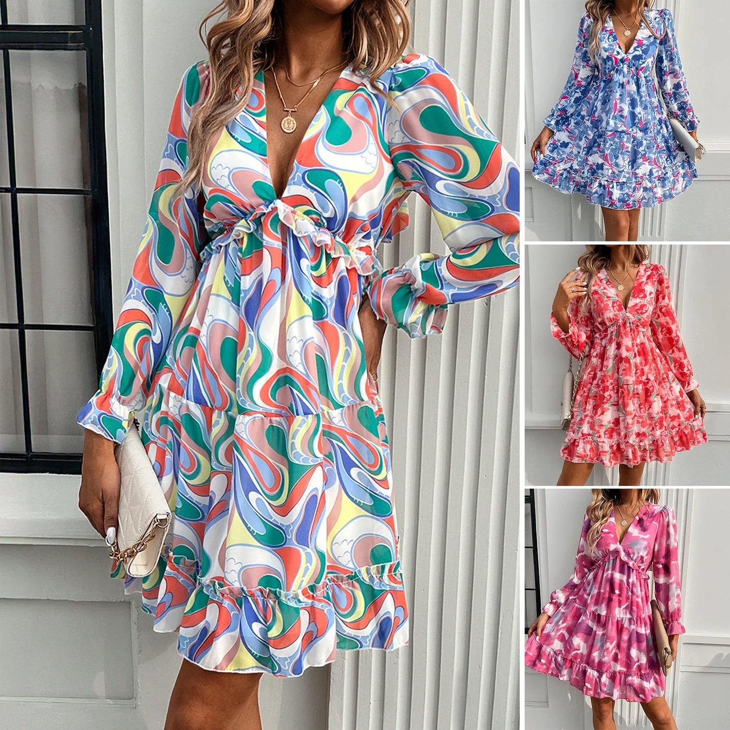 Ladies 2025 Summer Dress Elegant Contrast Print V-neck Long-sleeved Casual Wear