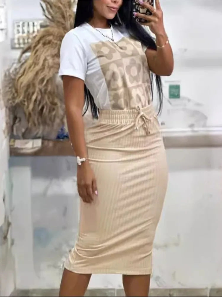 Ladies Casual Short Sleeve Two Piece Set Printed Top And Solid Skirt. S-2x