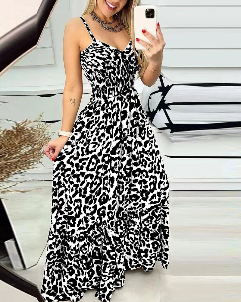 Women's Fashion Leopard Print Sexy Long Sling Summer Dress. S-3X
