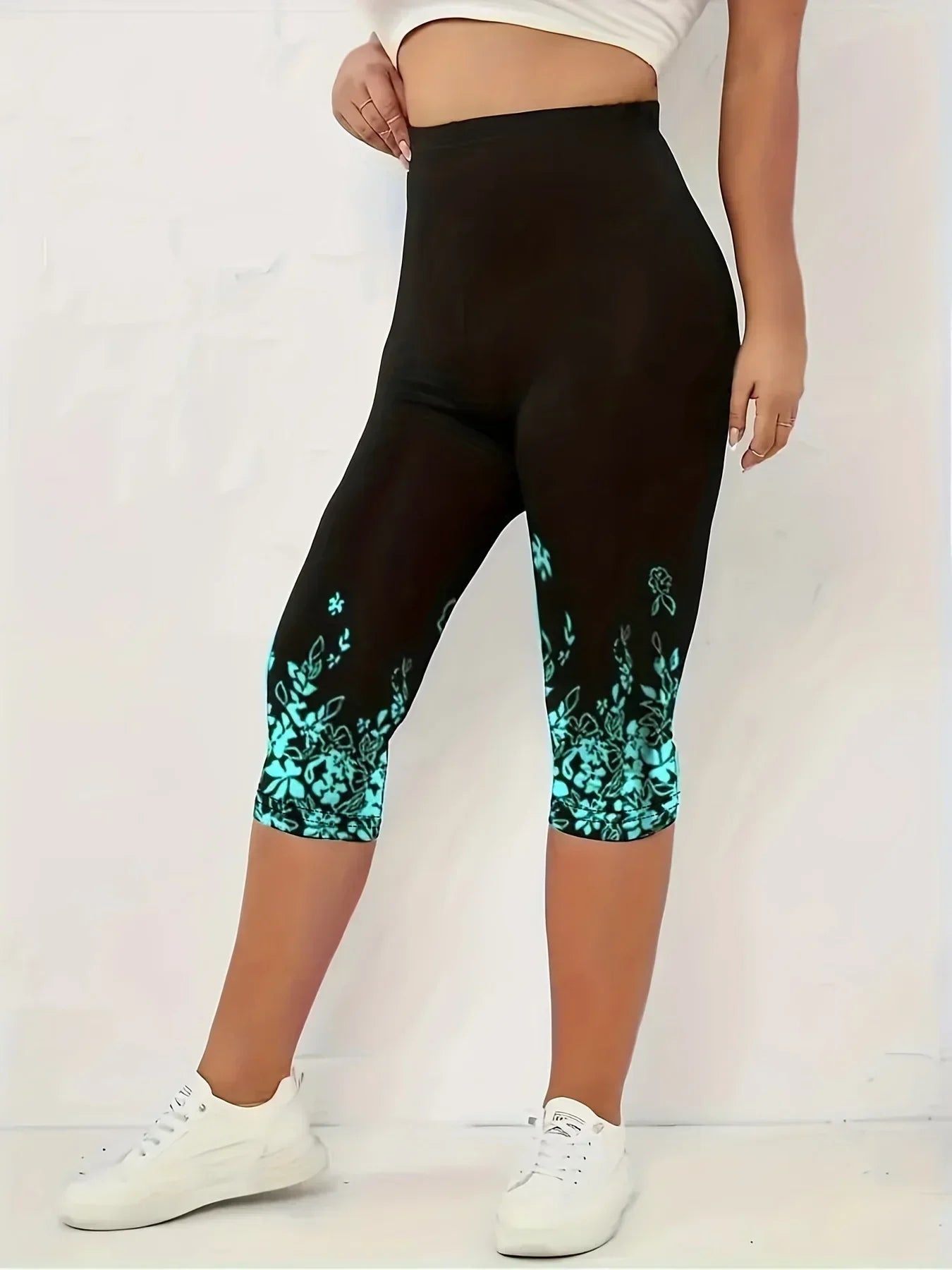 Ladies Casual Slim Fit Capri Leggings, Fashion Floral Print High Waist. S-2x