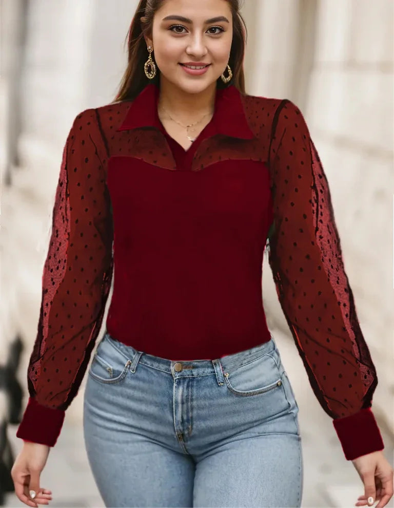 Plus Size Dot Mesh Blouse, Elegant Collared Long Sleeve Top.