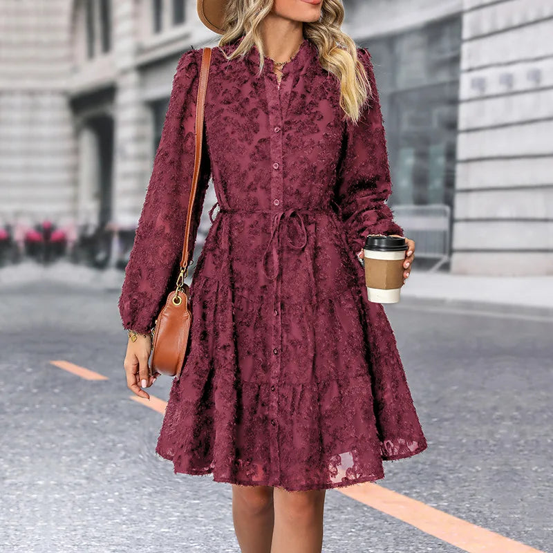 2025 Elegant Lace Midi Dress - Solid Color Button Front A-Line Spring Autumn S-XL
