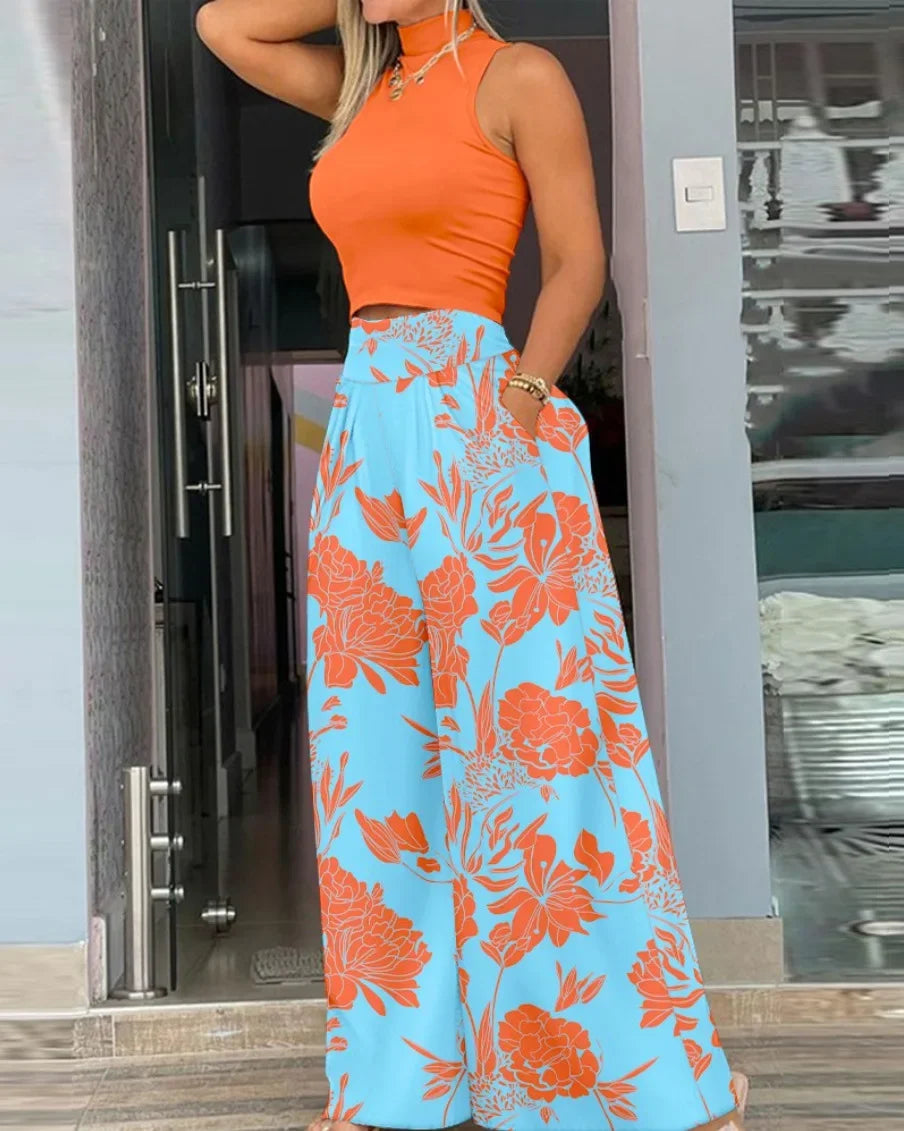 Ladies Elegant Two Piece Pant Set Sleeveless Turtleneck Top Pockets High Waist Wide Leg Pants. S-3x
