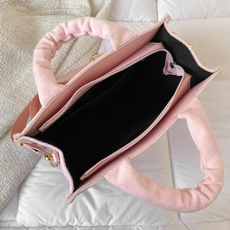 Women's Velour Tote Original Letter Print Square Stylish Soft Shoulder Bag