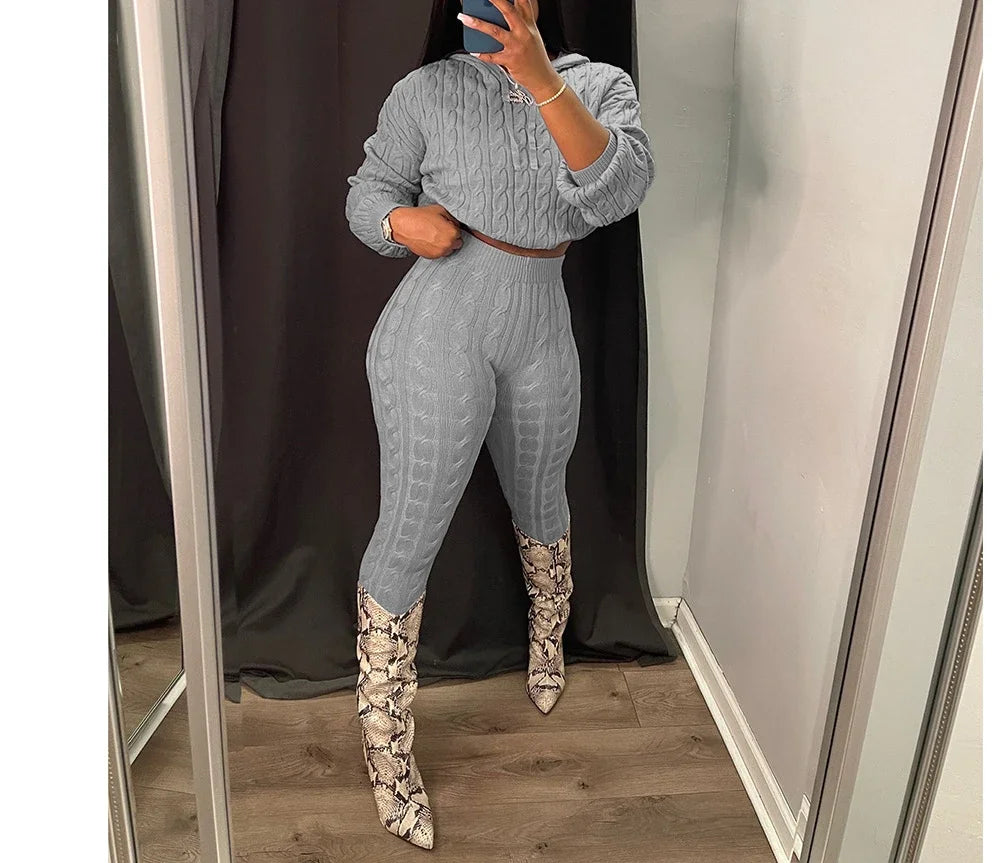 2 Piece Fashion Long Sleeve Cable Knit Hooded Sweater & Pants Suit.