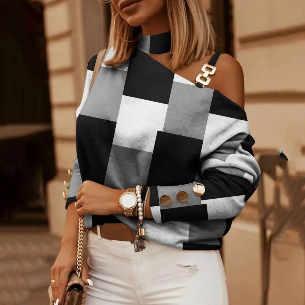 Spring And Autumn Women's Fashion Metal Button Oblique Shoulder Neck Shirt Elegant Woman Printed Long Sleeve Slim Fit Top Blouse. S-2x