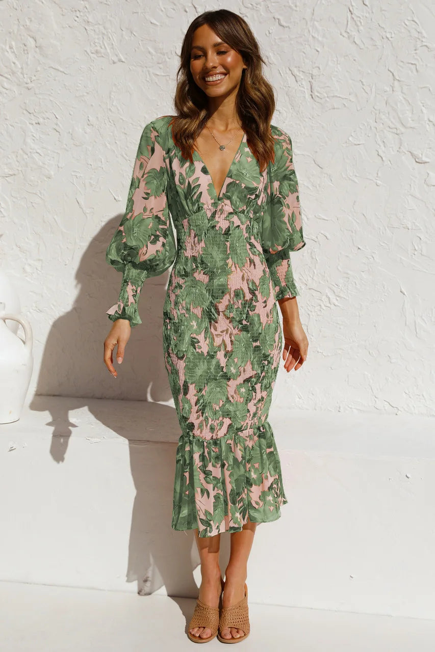Floral Print Lantern Long Sleeve Elastic Midi Dress Women Chiffon Sexy Bodycon Ruffle Elegant Evening Party Dress. S-2X