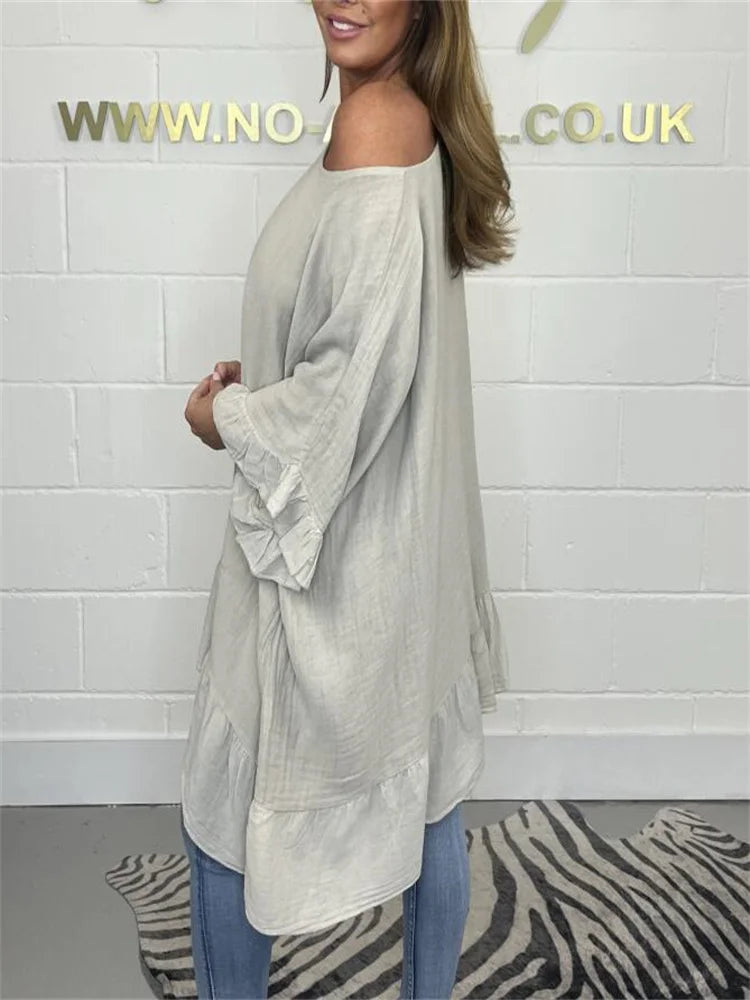 Plus-size women's Blouse ruffled fashion elegant bat sleeve loose solid colour. L-5X