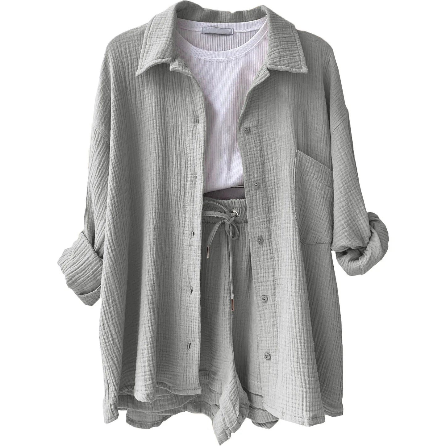 Ladies Shorts And Single Breasted Cardigan Blouse Two Piece Shorts And Loose Button Up. S-2x