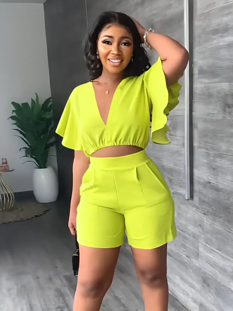 Summer V Neck Short Top And Shorts Set Set, Solid Colour Fashion Short Sleeved Casual Set. S-2x