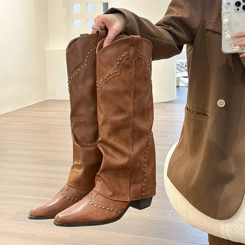 Woman Cowgirl Boots Fashion Slip On Elegant Square Heel